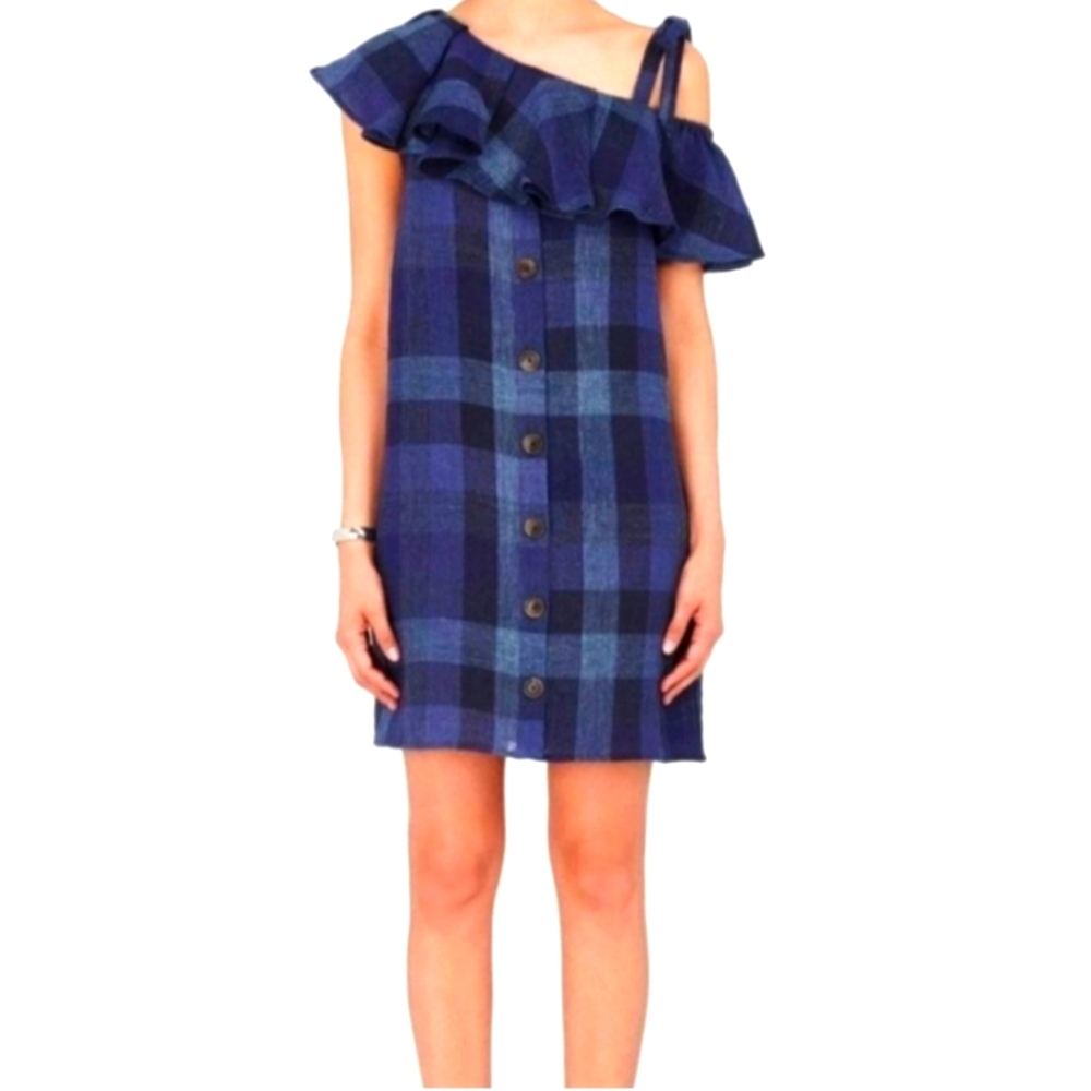 Sea New York Shift Indigo Plaid Off Shoulder M